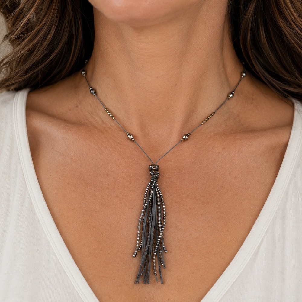 Sweet Lola Womens Beaded Tassel Necklace OS Gray Boho Eclectic Statement